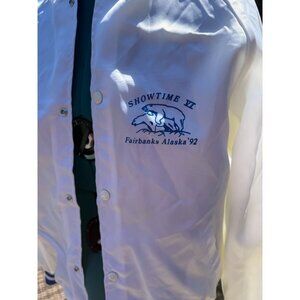 VTG 90s White + Blue Satin Snap Jacket "Showtime VI" "Fairbanks, Alaska" with Tw